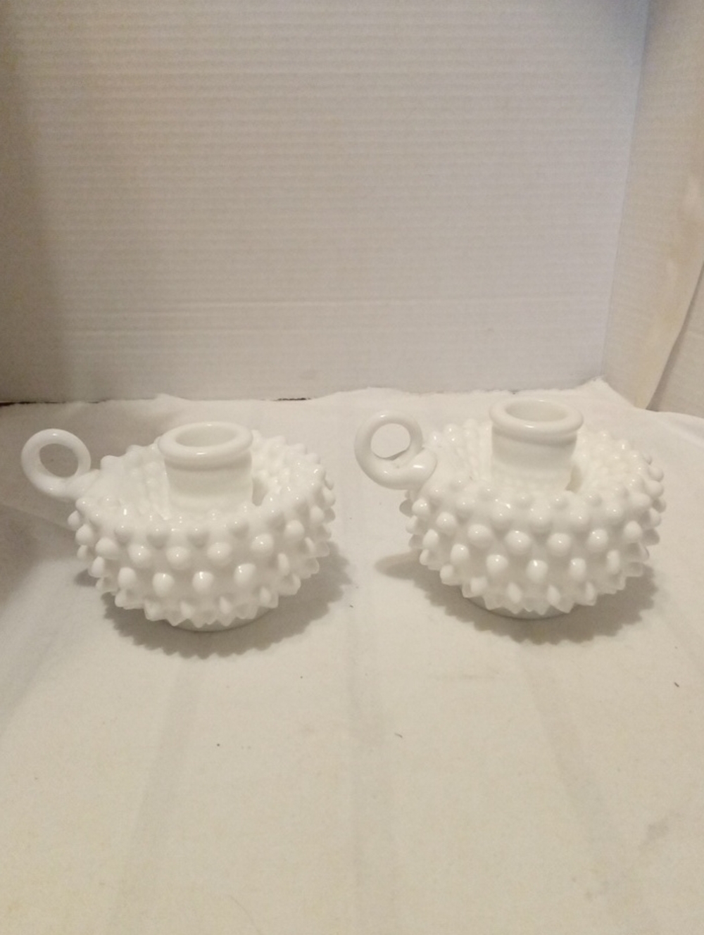 Fenton White Hobnail Milk Glass Candle Holders - Pair